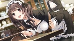 Rule 34 | 2girls, bent over, black hair, breasts, chair, cleavage, fingernails, game cg, happy, hoshimi tsukuyo, kiss ato, large breasts, long hair, looking away, maid, maid headdress, mikoto akemi, multiple girls, open mouth, pantyhose, pen, red eyes, smile, standing, table