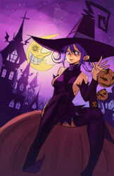 Rule 34 | 1girl, artist request, bare shoulders, blair (soul eater), boots, breasts, building, curly hair, detached sleeves, hat, heels, large breasts, looking at viewer, moon, night, pumpkin, purple eyes, purple hair, purple sky, salute, sitting, sky, smile, soul eater, witch, witch hat