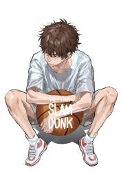 Rule 34 | 1boy, absurdres, aged down, ankle socks, ball, basketball (object), brown eyes, brown hair, chamuring, closed mouth, crying, english text, full body, highres, holding, holding ball, hugging object, looking to the side, male focus, miyagi ryouta, on ground, shadow, shirt, shoes, shorts, sitting, slam dunk (series), sneakers, socks, solo, undercut, wavy hair, white background, white footwear, white shirt, white shorts, white socks