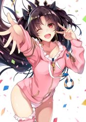 Rule 34 | 1girl, ;d, black hair, breasts, collarbone, commentary request, confetti, contrapposto, cowboy shot, fate/grand order, fate (series), floating hair, foreshortening, fur-trimmed legwear, fur trim, gluteal fold, groin, hands up, highleg, highleg leotard, hirai yuzuki, hood, hood down, hoodie, ishtar (fate), leotard, long hair, long sleeves, looking at viewer, one eye closed, open mouth, outstretched arm, pink thighhighs, reaching, reaching towards viewer, red eyes, simple background, single thighhigh, small breasts, smile, solo, standing, thighhighs, tiara, tohsaka rin, two side up, v, very long hair, white background, white leotard, wind