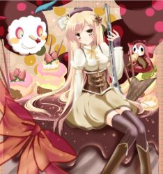 Rule 34 | 10s, 1girl, alternate hairstyle, bad id, bad pixiv id, blonde hair, blush, boots, bow, breasts, cake, character name, charlotte (madoka magica), cheese, creature, dual persona, elbow gloves, fingerless gloves, food, gloves, gun, hair ornament, hat, long hair, magical girl, magical musket, mahou shoujo madoka magica, mahou shoujo madoka magica (anime), monster, ribbon, sakura romu, skirt, smile, striped clothes, striped thighhighs, thighhighs, tomoe mami, vertical-striped clothes, vertical-striped thighhighs, weapon, yellow eyes
