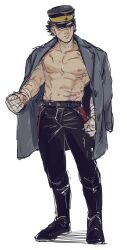 Rule 34 | 1boy, abs, aoi (husiginokuninoa), bandaged arm, bandages, bara, bare pectorals, boots, full body, golden kamuy, hat, hat over eyes, highres, jacket, jacket on shoulders, kepi, large pectorals, male focus, military hat, muscular, muscular male, navel, nipples, pants, pectorals, scar, scar on chest, scar on face, scar on mouth, scar on nose, short hair, sideways glance, solo, standing, sugimoto saichi, unfinished