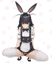 Rule 34 | 1girl, animal ears, apron, black hair, black panties, blush, bow, bowtie, detached sleeves, flat chest, frills, highres, long hair, looking at viewer, maid apron, mole, mole under eye, original, panties, rabbit ears, simple background, smile, solo, spread legs, squatting, symbol-shaped pupils, thighhighs, tiptoes, underwear, uno ryoku, white background, white thighhighs