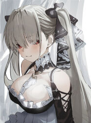 Rule 34 | azur lane, between breasts, black dress, breasts, cleavage, clothing cutout, dress, formidable (azur lane), frilled dress, frills, grey hair, hair ribbon, kangshi, large breasts, long hair, looking at viewer, red eyes, ribbon, shoulder cutout, smile, twintails, two-tone dress, two-tone ribbon, upper body, very long hair