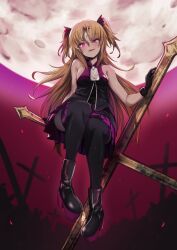Rule 34 | 1girl, absurdres, akatsuki uni, ankoku kishi m, armpit crease, bare arms, bare shoulders, black dress, black footwear, black gloves, black jacket, black thighhighs, blonde hair, breasts, collared jacket, colored shoe soles, cross, dress, fang, full body, gloves, glowing, glowing eye, hair ornament, hairpin, highres, huge moon, jacket, latin cross, long hair, looking at viewer, moon, multicolored clothes, multicolored jacket, night, open mouth, oversized zipper, parted bangs, partially fingerless gloves, platform footwear, pleated dress, purple dress, purple eyes, purple jacket, purple sky, purple thighhighs, short dress, sitting, sitting on object, sky, sleeveless, sleeveless dress, sleeveless jacket, slit pupils, small breasts, smile, solo, thighhighs, thighs, two-tone dress, two-tone jacket, two-tone thighhighs, two side up, uni create, upskirt, vampire, very long hair, virtual youtuber, zipper pull tab