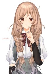 Rule 34 | 1girl, arm warmers, bad id, bad twitter id, bow, bowtie, braid, brown eyes, cloud hair ornament, commentary request, cowboy shot, gradient hair, highres, index finger raised, kantai collection, light brown hair, long hair, looking at viewer, low twin braids, minegumo (kancolle), multicolored hair, one-hour drawing challenge, plaid, plaid bow, plaid bowtie, plaid neckwear, red bow, red bowtie, shirt, simple background, smile, solo, tsunonigau, twin braids, white background, white shirt