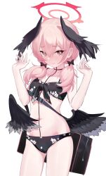 Rule 34 | 1girl, absurdres, bag, bikini, black bikini, black bow, black wings, blue archive, blush, bow, closed mouth, commentary, feathered wings, flat chest, floral print, front-tie bikini top, front-tie top, hair between eyes, hair bow, halo, hands up, head wings, highres, koharu (blue archive), koharu (swimsuit) (blue archive), long hair, looking at viewer, low twintails, low wings, official alternate costume, oiru (fattyoils), pink eyes, pink hair, print bikini, simple background, solo, swimsuit, twintails, white background, wings