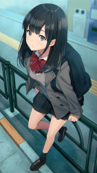 Rule 34 | 1girl, backpack, bag, bare legs, black eyes, black footwear, black hair, black skirt, black socks, blurry, bow, bowtie, breasts, closed mouth, coat, depth of field, expressionless, from above, grey coat, highres, hyuuga azuri, loafers, long hair, long sleeves, looking at viewer, miniskirt, open clothes, open coat, original, pleated skirt, railing, school uniform, shoes, skirt, small breasts, socks, solo, sweater, undershirt
