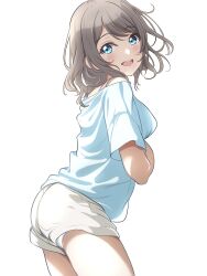 Rule 34 | 1girl, blue eyes, blue skirt, blush, borgbutler, brown hair, casual, commentary request, highres, looking at viewer, looking back, loose hair strand, love live!, love live! sunshine!!, off-shoulder shirt, off shoulder, open mouth, pink tank top, shirt, short hair, shorts, simple background, skirt, smile, solo, t-shirt, tank top, upper body, watanabe you, white background, white shorts