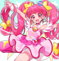 Rule 34 | 1girl, :d, blush, choker, cure star, eru, hair ornament, hoshina hikaru, long hair, looking at viewer, magical girl, open mouth, outstretched arms, pink choker, pink eyes, pink hair, pink skirt, precure, skirt, smile, solo, star (symbol), star hair ornament, star twinkle precure, twintails