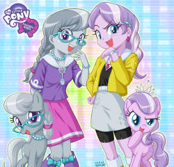Rule 34 | 2girls, colored skin, diamond tiara, female focus, grey skin, jewelry, laughing, multicolored hair, multiple girls, multiple views, my little pony, my little pony: equestria girls, my little pony: friendship is magic, personification, pink skin, silver spoon, skirt, tagme, two-tone hair, uotapo