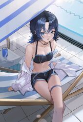 Rule 34 | 1girl, anizi, bikini, bikini shorts, blue bikini, blue eyes, blue hair, blue swim trunks, can, commentary request, cooler, crossed legs, day, deck chair, drink can, feet out of frame, flat chest, hair ornament, hairclip, halterneck, highres, hiodoshi ao, hololive, hololive dev is, jewelry, looking at viewer, male swimwear, medium hair, mole, mole under mouth, necklace, off shoulder, open clothes, open mouth, open shirt, outdoors, pool, poolside, shirt, shorts, sitting, sleeves past wrists, solo, swimsuit, thigh strap, tile floor, tiles, virtual youtuber, white shirt, zipper