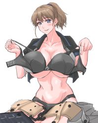 Rule 34 | 1girl, belt, black bra, black panties, black shirt, blue eyes, bra, breasts, brown hair, unworn clothes, commentary request, highres, holding, holding bra, holding clothes, holding underwear, intrepid (kancolle), kantai collection, large breasts, one-hour drawing challenge, open clothes, panties, ponytail, shirt, short hair, simple background, solo, sozan, underwear, white background