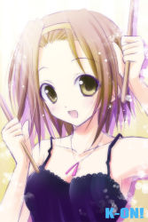 Rule 34 | 00s, 1girl, :d, brown eyes, brown hair, camisole, collarbone, copyright name, drumsticks, hairband, k-on!, open mouth, short hair, smile, tainaka ritsu, upper body, wakaba0801, yellow background