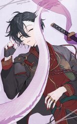 Rule 34 | 1boy, black hair, black jacket, black pants, dragon tail, ensemble stars!, fingerless gloves, gloves, jacket, japanese clothes, kagehira mika, male focus, official alternate costume, one eye closed, open mouth, pants, red gloves, short hair, solo, sugarshu s2, sword, tail, twitter username, weapon, yellow eyes