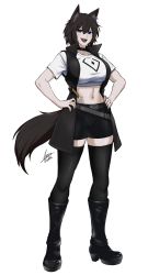 Rule 34 | 1girl, :d, airisubaka, animal ear fluff, animal ears, artist name, belt, black choker, black footwear, black hair, black jacket, black nails, black shorts, black thighhighs, blue eyes, boots, breasts, choker, commentary, crop top, english commentary, full body, groin, hair between eyes, hands on own hips, highres, jacket, large breasts, looking at viewer, midriff, nail polish, navel, open clothes, open jacket, open mouth, original, shirt, short hair, short shorts, short sleeves, shorts, signature, simple background, sleeveless, sleeveless jacket, smile, solo, standing, tail, thighhighs, white background, white shirt, wolf ears, wolf girl, wolf tail