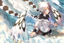 Rule 34 | 1girl, artist name, black shirt, black skirt, blue eyes, blue necktie, blue wings, borrowed character, cloud, commentary, dated, english commentary, feathered wings, hair ornament, hairclip, jacket, kobutanori, long sleeves, looking away, necktie, original, parted lips, pleated skirt, puffy long sleeves, puffy sleeves, scarf, shirt, skirt, sleeves past wrists, solo, striped clothes, striped scarf, white hair, white jacket, white wings, wings, x hair ornament