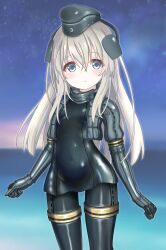Rule 34 | 1girl, blonde hair, blue eyes, blush, bodysuit, cropped jacket, diving suit, garrison cap, hair ornament, hat, highres, kantai collection, langley1000, long hair, long sleeves, looking at viewer, military, military uniform, multiple girls, puffy sleeves, skin tight, smile, solo, swimsuit, swimsuit under clothes, u-511 (kancolle), uniform, wetsuit