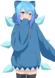 Rule 34 | 1girl, adapted costume, black thighhighs, blue bow, blue eyes, blue hair, blue hoodie, blush, bow, bright pupils, cirno, commentary request, covering own mouth, cowboy shot, dot nose, double-parted bangs, drawstring, hair between eyes, hair bow, hand up, highres, hood, hoodie, ice, ice wings, long sleeves, looking at viewer, medium hair, mizune (winter), puffy long sleeves, puffy sleeves, simple background, sleeves past wrists, solo, thighhighs, touhou, white background, white pupils, wings