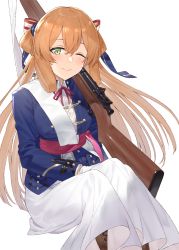 Rule 34 | 1girl, ;), blue jacket, blush, bolt action, boots, bow, brown footwear, commentary request, cross-laced footwear, girls&#039; frontline, gloves, green eyes, gun, hair between eyes, hair bow, hayashi kewi, head tilt, jacket, lace-up boots, light brown hair, long hair, long sleeves, looking at viewer, m1903 springfield, name connection, object namesake, one eye closed, revision, rifle, simple background, sitting, skirt, smile, solo, springfield (girls&#039; frontline), striped, striped bow, two side up, very long hair, weapon, white background, white gloves, white skirt