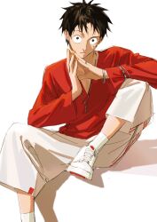 Rule 34 | 1boy, absurdres, black eyes, black hair, bracelet, commentary, earrings, english commentary, facial scar, foot out of frame, highres, invisible chair, jewelry, looking at viewer, male focus, monkey d. luffy, nail polish, necklace, one piece, qinyu0314, raised eyebrow, scar, scar on cheek, scar on face, shadow, shoes, short hair, simple background, sitting, sneakers, solo, white background