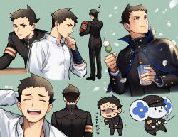 Rule 34 | 1boy, ace attorney, amemomism, armband, artist name, black capelet, black hair, black jacket, black pants, blue background, blush, buttons, capelet, chibi, chuunosuke (ace attorney), closed eyes, closed mouth, collared shirt, commentary request, cropped torso, dango, daruma doll, eating, facing away, food, full body, hand on own chin, holding, holding food, jacket, laughing, long sleeves, looking up, male focus, multiple views, open mouth, pants, ryunosuke naruhodo, scratching head, shirt, shoes, short hair, smile, snowing, standing, sweatdrop, the great ace attorney, thinking, translation request, trembling, turn pale, upper body, wagashi, white shirt