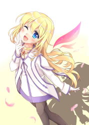 Rule 34 | 1girl, ;d, black pantyhose, blonde hair, blue eyes, blush, colette brunel, collar, crystal, dress, fang, feathers, from side, gloves, gradient background, hair between eyes, head tilt, highres, long hair, looking at viewer, m/, multicolored wings, one eye closed, open mouth, oruto (ort+), pantyhose, silhouette, smile, solo, tales of (series), tales of symphonia, very long hair, white gloves, wings