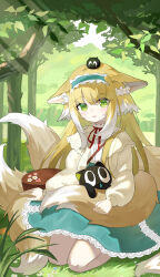 Rule 34 | 1girl, absurdres, animal ear fluff, animal ears, arknights, bag, black cat, blonde hair, blue hairband, blue skirt, blush, brown bag, cardigan, cat, chinese commentary, commentary request, creature on head, fox ears, fox girl, fox tail, frilled hairband, frills, green eyes, hair ornament, hair scrunchie, hairband, heixiu, highres, kitsune, kyuubi, long hair, long sleeves, luo xiaohei, mou banlangen, multicolored hair, multiple tails, neck ribbon, nose blush, official alternate costume, on head, open cardigan, open clothes, outdoors, partial commentary, puffy long sleeves, puffy sleeves, red ribbon, ribbon, scrunchie, seiza, shirt, shoulder bag, sidelocks, sitting, skirt, sleeve cuffs, spring (season), stitches, suzuran (arknights), suzuran (spring praise) (arknights), tail, luo xiaohei zhanji, two-tone hair, very long hair, white hair, white shirt, yellow cardigan