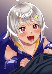 Rule 34 | 1boy, 1girl, ahoge, bulge, earrings, erection, erection under clothes, eyebrows hidden by hair, fang, food-themed hair ornament, grey hair, hair ornament, hayama marin, highres, jewelry, lime hair ornament, nijisanji, open mouth, red eyes, smile, solo focus, tongue, virtual youtuber, zabudog777