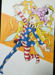 Rule 34 | &gt;;d, 1girl, ;d, american flag dress, american flag legwear, aoi kujira, blonde hair, bright pupils, clownpiece, collar, eyebrows, fairy wings, fire, frilled collar, frilled shirt collar, frills, hat, jester cap, long hair, looking at viewer, marker (medium), neck ruff, one eye closed, open mouth, outstretched arms, pantyhose, polka dot, red eyes, smile, solo, spread arms, striped clothes, striped pantyhose, teeth, torch, touhou, traditional media, v-shaped eyebrows, very long hair, white pupils, wings