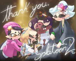 Rule 34 | 3d rod!, 4girls, beanie, black hair, blanket, bouquet, callie (splatoon), closed eyes, crown, dark-skinned female, dark skin, facial tattoo, flower, hair ornament, hand on another&#039;s head, hat, highres, hood, hoodie, inkling, japanese clothes, kimono, leaning on person, letter, looking at another, marie (splatoon), marina (splatoon), mole, mole under eye, mole under mouth, multiple girls, nintendo, octoling, open mouth, pearl (splatoon), pink headwear, pointy ears, purple hair, silver hair, sitting, sleeping, sleeping on person, smile, splatoon (series), splatoon 2, symbol-shaped pupils, tattoo, tentacle hair, thank you