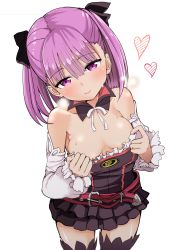 Rule 34 | 1girl, absurdres, arm warmers, bare shoulders, belt, black ribbon, blunt bangs, blush, breasts, chiruto (totttales), cleavage, clothes pull, cowboy shot, detached collar, dress, dress pull, fate/grand order, fate (series), hair ribbon, head tilt, heart, helena blavatsky (fate), highres, looking at viewer, medium breasts, no bra, pulled by self, purple eyes, purple hair, ribbon, short dress, smile, solo, sweat, thighhighs