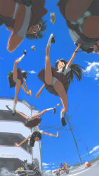 Rule 34 | 5girls, akinbo (hyouka fuyou), bad id, bad pixiv id, banana peel, cloud, day, falling, glasses, highres, long hair, motor vehicle, motorcycle, multiple girls, muscular, open mouth, original, panties, school uniform, skirt, sky, striped clothes, striped panties, tripping, underwear, upside-down, vehicle, what, when you see it, white panties