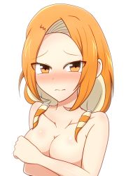 Rule 34 | 1girl, black eyes, blonde hair, blush, braid, breasts, closed mouth, covering privates, covering breasts, crossed arms, embarrassed, eyes visible through hair, inazuma eleven (game), inazuma eleven (series), inazuma eleven go, large breasts, multicolored eyes, multicolored hair, nude, orange eyes, orange hair, simple background, solo, twin braids, twintails, upper body, white background