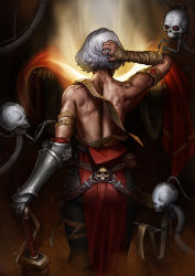 Rule 34 | 1girl, adepta sororitas, ass, back tattoo, biceps, black pants, chainsword, cowboy shot, from behind, gauntlets, hand in own hair, hand wraps, highres, muscular, muscular female, pants, pelvic curtain, planted, servitor, short hair, shoulder blades, silver hair, single gauntlet, adepta sororitas, solo focus, spine, standing, statue, tattoo, topless, warhammer 40k, weapon, yangzheyy