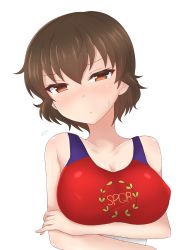 Rule 34 | 10s, 1girl, bad id, bad pixiv id, blush, breasts, brown eyes, brown hair, caesar (girls und panzer), cleavage, covered erect nipples, girls und panzer, highres, large breasts, looking at viewer, ryochapu, simple background, solo, sweat, tank top, white background