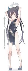 Rule 34 | 1girl, absurdres, armpits, arms up, arrow (symbol), black dress, black hair, blue archive, blush, breasts, butterfly hair ornament, china dress, chinese clothes, commentary, covered navel, double bun, dragon print, dress, english commentary, full body, hair bun, hair ornament, halo, highres, kisaki (blue archive), long hair, looking at viewer, pelvic curtain, s10021, sideboob, simple background, sleeveless, sleeveless dress, small breasts, solo, twintails, very long hair, white background