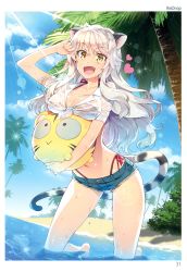 Rule 34 | 1girl, :d, absurdres, animal ears, ball, beach, beachball, bikini, bikini pull, bikini tan, blush, breast rest, breasts, cat ears, cat tail, cleavage, clothes pull, comic toranoana, cutoffs, day, fang, front-tie top, heart, highleg, highleg bikini, highleg swimsuit, highres, kneeling, kotora (toranoana), leaning forward, lens flare, long hair, medium breasts, navel, open mouth, outdoors, partially submerged, redrop, scan, see-through, shirt, short shorts, shorts, shorts pull, side-tie bikini bottom, sidelocks, silver hair, smile, solo, sparkle, sunlight, swimsuit, tail, tan, tanline, tied shirt, tiger ears, tiger tail, toranoana, wading, wet, wet clothes, wet hair, wet shirt, yellow eyes