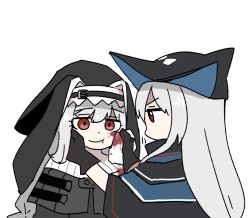 Rule 34 | 2girls, arknights, ascot, bed sheet, black capelet, black dress, black gloves, black headwear, black shirt, blood, blood on clothes, blood on face, blush, capelet, dress, gloves, habit, hair between eyes, hat, kumamoto aichi, long hair, multiple girls, nun, red eyes, shirt, silver hair, simple background, skadi (arknights), smile, specter (arknights), turtleneck, upper body, veil, white background, wiping face