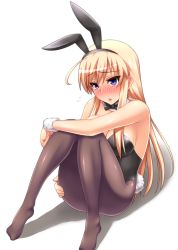 Rule 34 | 1girl, ahoge, animal ears, bare shoulders, black pantyhose, blonde hair, blush, bow, bowtie, breasts, detached collar, fake animal ears, flying sweatdrops, hanna-justina marseille, large breasts, leotard, long hair, no shoes, pantyhose, playboy bunny, purple eyes, rabbit ears, rabbit tail, sitting, solo, strike witches, surume (clavis), tail, witches of africa, world witches series