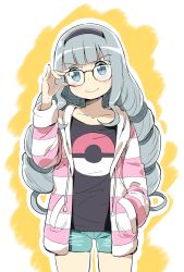 Rule 34 | 1girl, adjusting eyewear, blue eyes, character request, creatures (company), curly hair, game freak, glasses, hairband, hand in pocket, hood, hoodie, jacket, long hair, nintendo, pokemon, shirt, shorts, silver hair, smile, solo, striped clothes, striped hoodie, striped jacket, very long hair, viavin