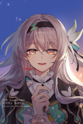 Rule 34 | 1girl, :d, alternate eye color, black hairband, black jacket, commentary, firefly (honkai: star rail), grey hair, hairband, highres, honkai: star rail, honkai (series), jacket, long hair, looking at viewer, ojo aa, open mouth, orange eyes, smile, solo, upper body