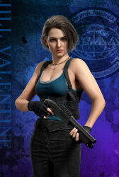 Rule 34 | 1girl, 3d, armpit crease, bare shoulders, black gloves, black pants, blue tank top, breasts, capcom, character name, cleavage, closed mouth, cross promotion, crossover, fingerless gloves, gloves, gun, holding, holding weapon, holster, jewelry, jill valentine, little armory, looking at viewer, medium breasts, necklace, official art, pants, pump action, quebico, remington 870, resident evil, resident evil: death island, sawed-off shotgun, short hair, shotgun, simple background, sleeveless, solo, standing, tank top, tms entertainment, tomytec, v-shaped eyebrows, weapon, white tank top