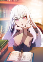 Rule 34 | 1girl, blush, book, chair, epaulettes, fire emblem, fire emblem: three houses, highres, jacket, kokouno oyazi, long hair, long sleeves, looking at viewer, lysithea von ordelia, nintendo, open mouth, pink eyes, purple eyes, solo, sparkle, uniform, upper body, white hair