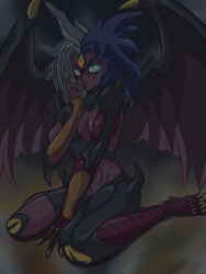 Rule 34 | abs, artist request, big hair, breasts, demon wings, duel monster, fingernails, full body, heterochromia, looking at viewer, shade, simple background, sitting, solo, spiked hair, third eye, wide hips, wings, yu-gi-oh!, yubel