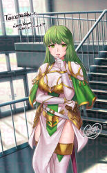 Rule 34 | 1girl, armor, cape, commentary request, cowboy shot, dress, fire emblem, fire emblem: shadow dragon and the blade of light, gloves, green cape, green eyes, green hair, hand up, indoors, long hair, looking at viewer, miura hajime, nintendo, open mouth, palla (fire emblem), pauldrons, pelvic curtain, railing, sample watermark, shoulder armor, solo, stairs, standing, thighhighs, thighs, very long hair, watermark, white dress, white gloves, white thighhighs