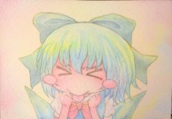 Rule 34 | &gt; &lt;, 1girl, :p, acrylic paint (medium), blue hair, blush stickers, bow, cirno, closed eyes, graphite (medium), hair bow, ice, ice wings, painting (medium), short hair, solo, tongue, tongue out, touhou, traditional media, watercolor (medium), wings, yuyu (00365676)
