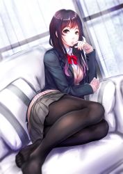 Rule 34 | 1girl, arm support, black hair, black jacket, black pantyhose, blazer, bow, bowtie, breasts, brown sweater, couch, curtains, dutch angle, expressionless, finger to mouth, grey skirt, highres, indoors, jacket, konekoneko (pixiv 21272648), large breasts, long sleeves, looking at viewer, lying, medium breasts, miniskirt, no shoes, on couch, on side, original, pantyhose, parted lips, pillow, red bow, red bowtie, red eyes, school uniform, skirt, solo, sweater, wing collar