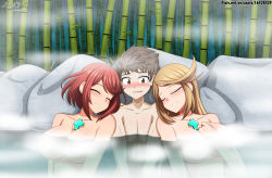 Rule 34 | bathing, blonde hair, blush, breasts, brown hair, closed eyes, convenient censoring, dual persona, grin, highres, large breasts, luna xd, mythra (xenoblade), onsen, partially submerged, pyra (xenoblade), red hair, rex (xenoblade), short hair, smile, steam, steam censor, teeth, xenoblade chronicles (series), xenoblade chronicles 2