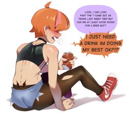 Rule 34 | 1boy, absurdres, ahoge, ass, back tattoo, beer can, black choker, black pantyhose, black sports bra, blush, can, choker, combos &amp; doodles, denim, denim shorts, drink can, english text, hair over eyes, hairband, highres, holding, holding can, micro shorts, open mouth, orange hair, original, pantyhose, pink hairband, red footwear, shoes, short hair, shorts, simple background, sitting, sneakers, solo, sports bra, tattoo, teeth, torn clothes, torn pantyhose, tramp stamp, trap, white background